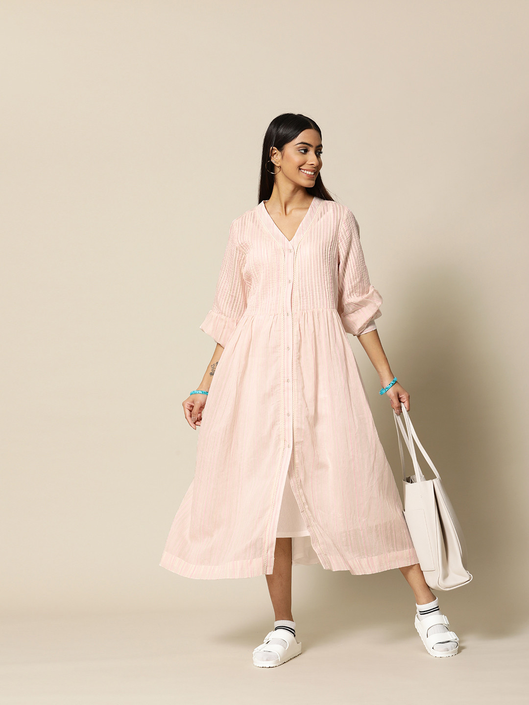 BOWER Women Pink & Beige Cotton Silk A-Line Pintuck Overlay with Pockets