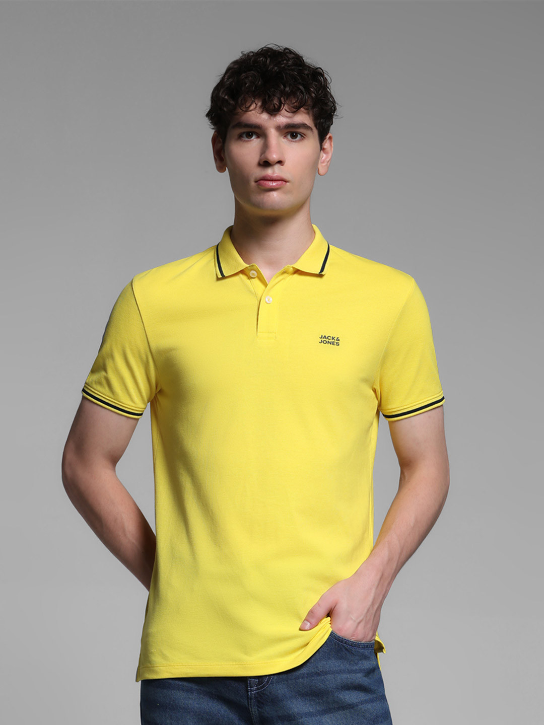 Jack & Jones Men Yellow Polo Collar Slim Fit Lounge T-shirt