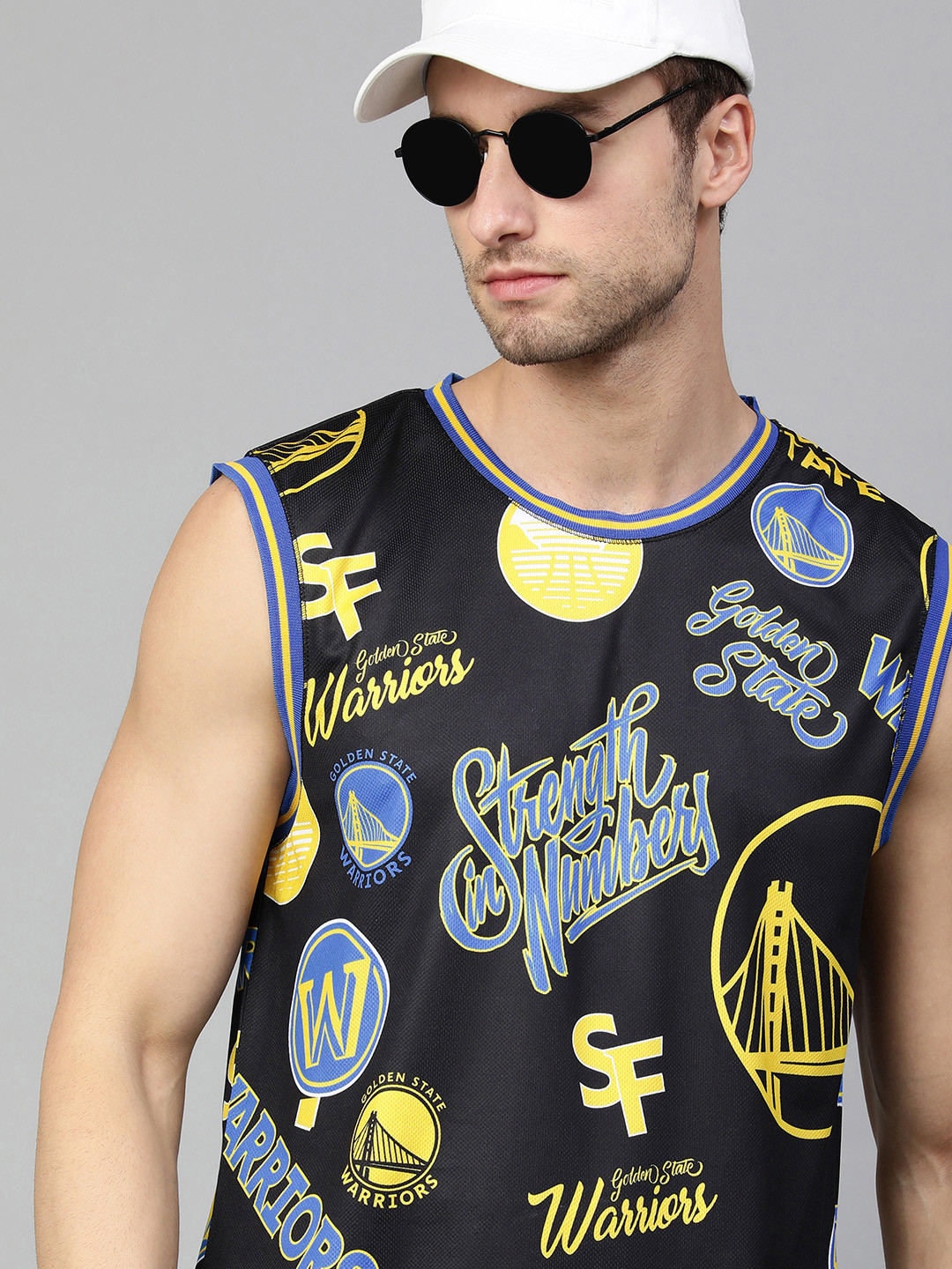 NBA Men Black & Blue Golden State Warriors Logo Printed Sublimation Jersey  T-shirt