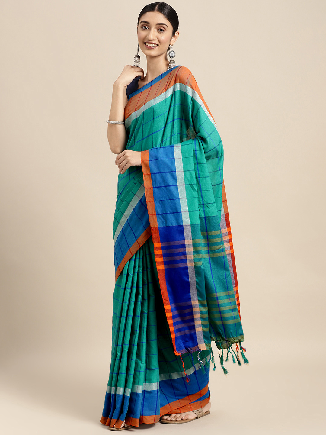 SANGAM PRINTS Turquoise Blue Woven Checked Saree With Unstitched Blouse
