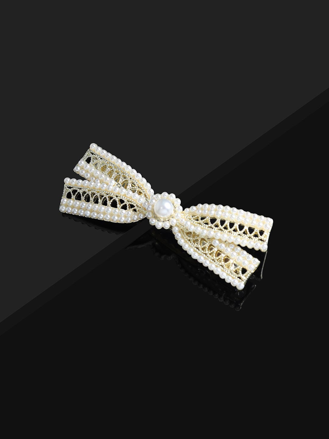 LAIDA Women White & Gold-Toned Pearl Embellished Criscross Alligator Hair Clip