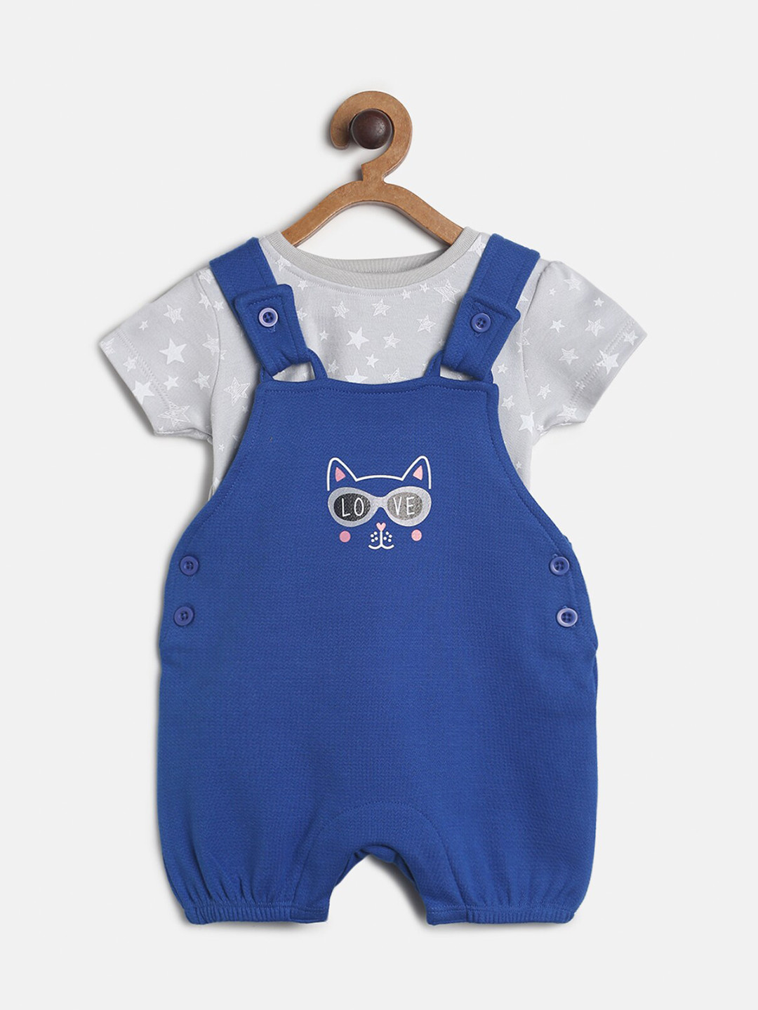 MINI KLUB Girls Blue & Grey Pure Cotton T-shirt & Dungaree Set