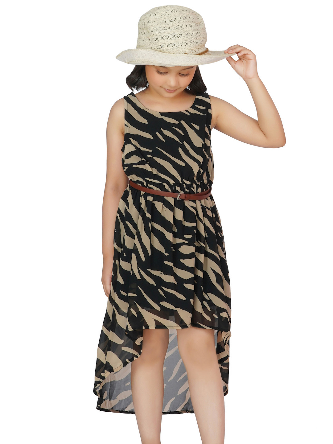 Dress My Angel Girls Brown Printed High Low Georgette Dresses