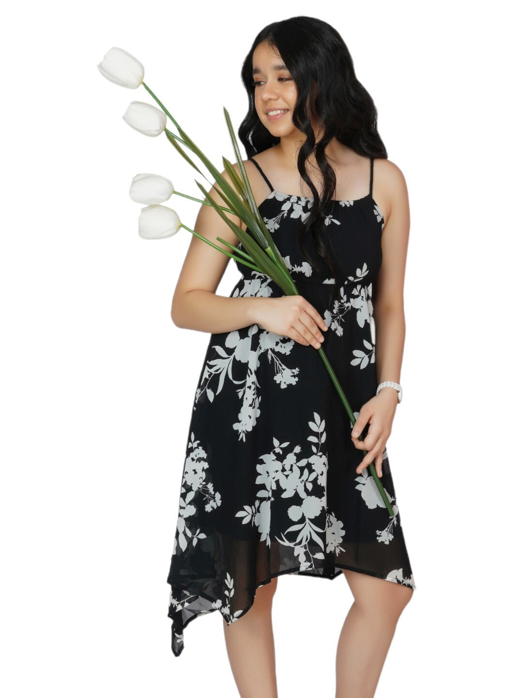 Dress My Angel Black Floral Georgette Dresses