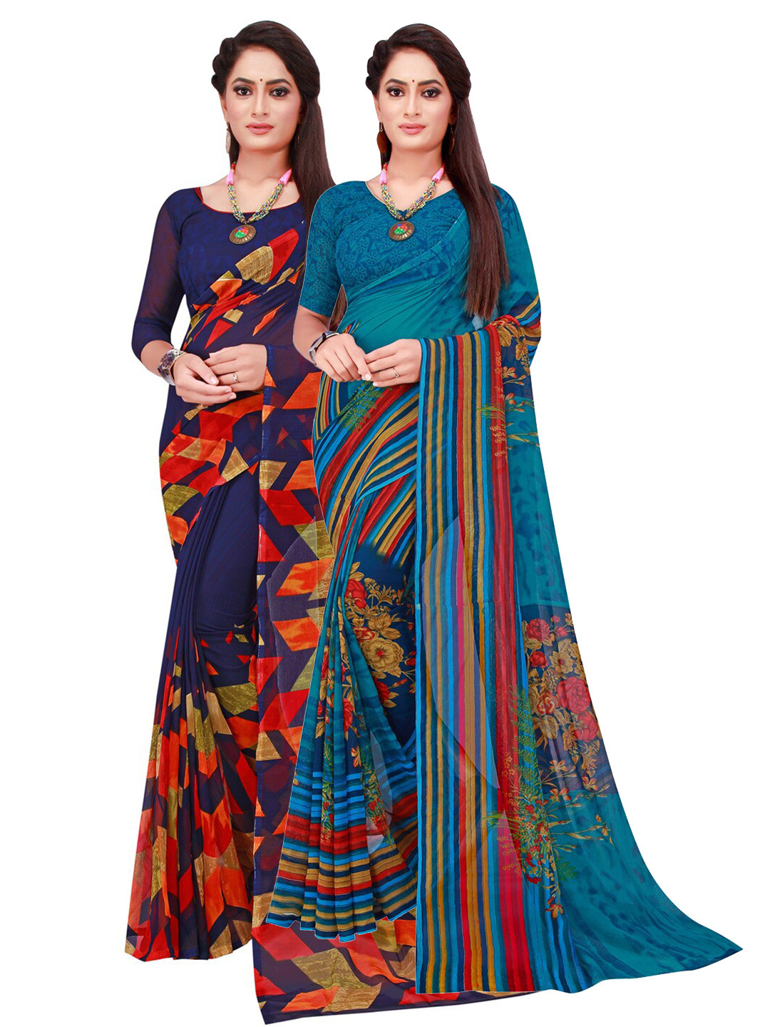 KALINI Navy Blue & Teal Printed Pure Georgette Saree Pack Of 2