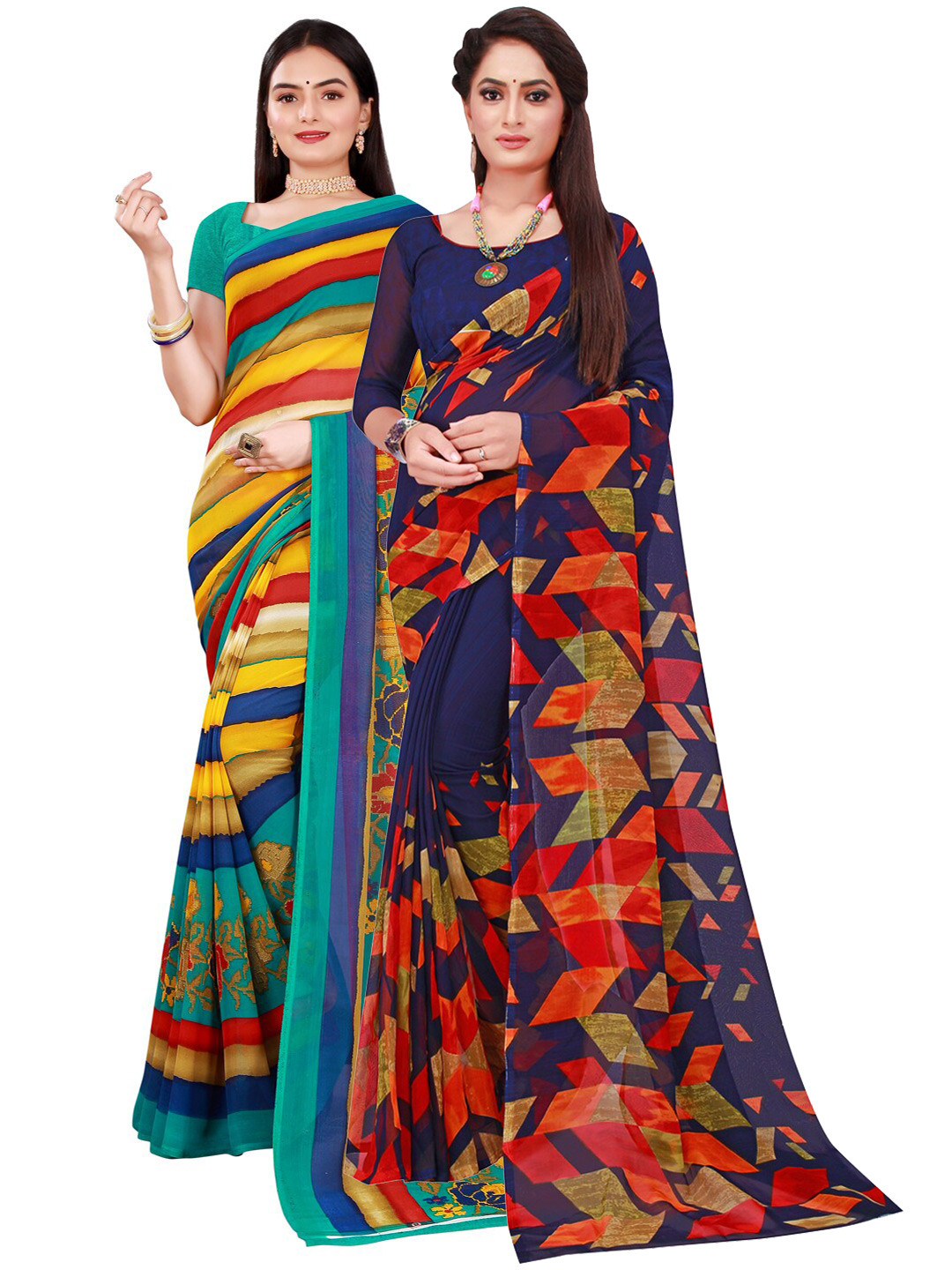 KALINI Set Of 2 Multicoloured Striped Pure Georgette Saree