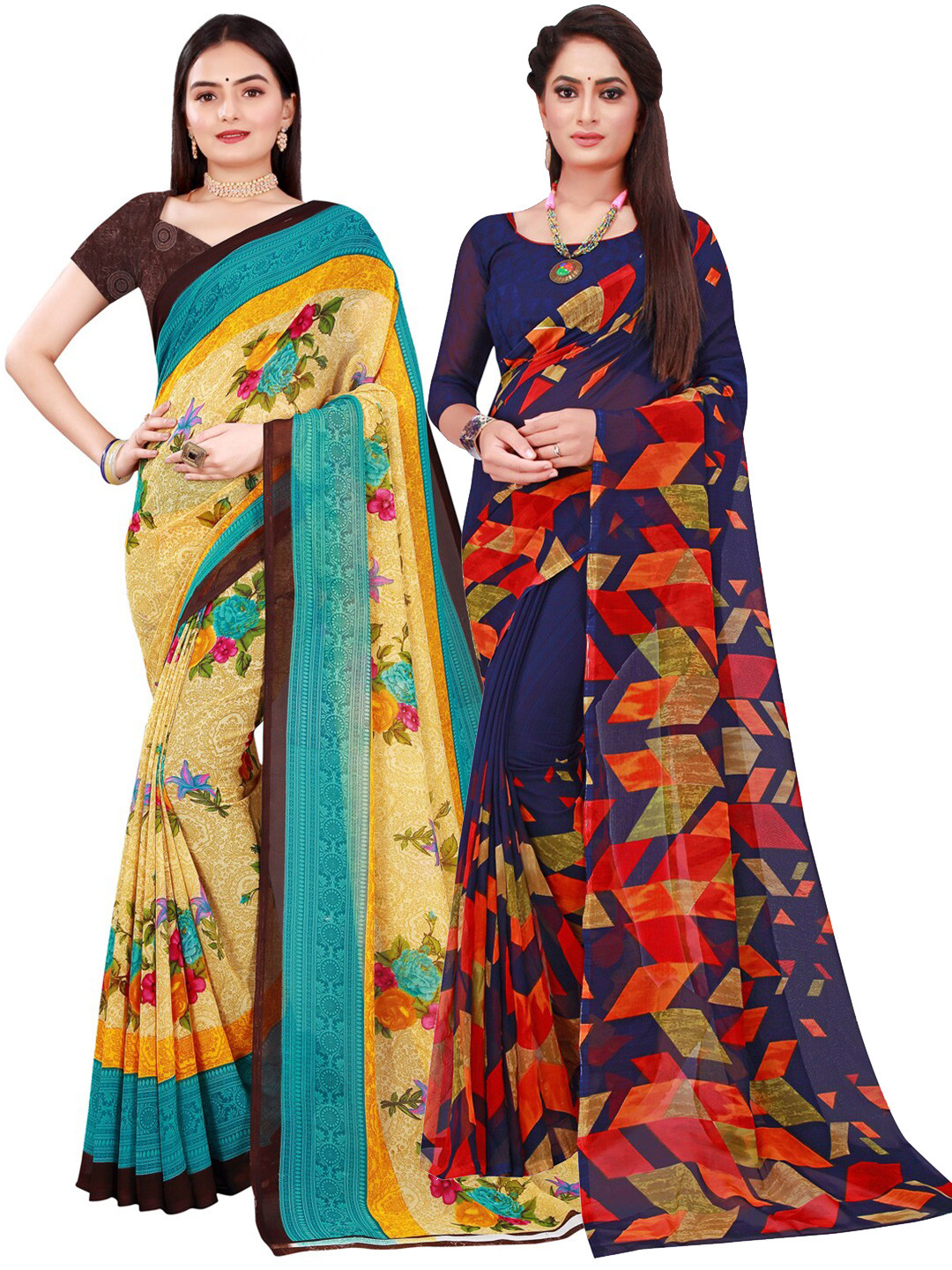 KALINI Pack of 2 Navy Blue & Beige Pure Georgette Sarees