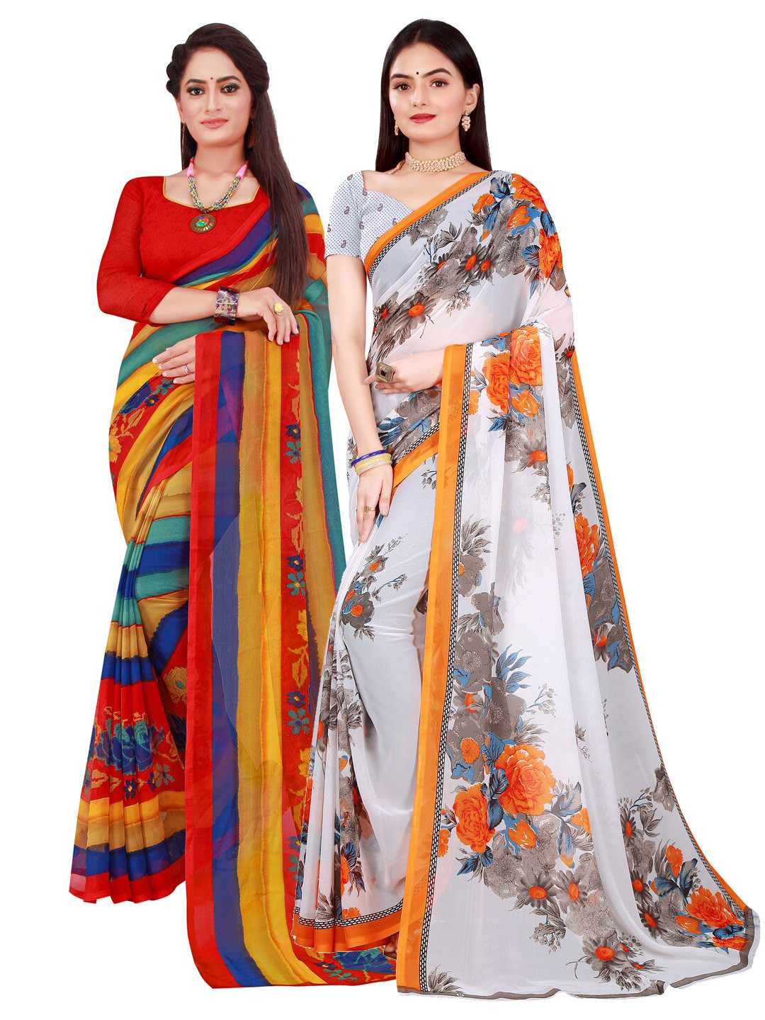 KALINI Red & White Printed Pure Georgette Saree Pack Of 2