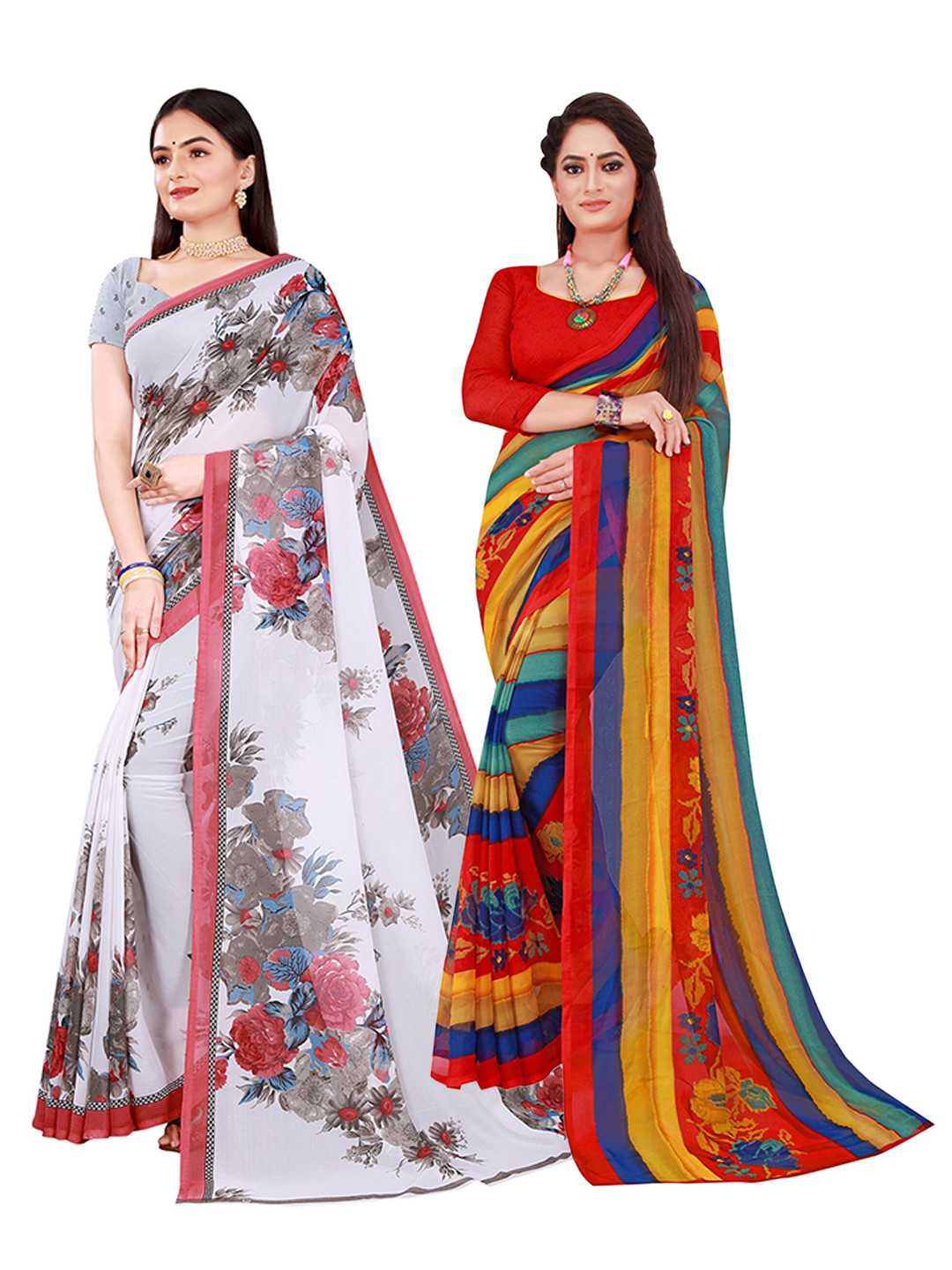 KALINI Set Of 2 Multicoloured Striped Pure Georgette Saree