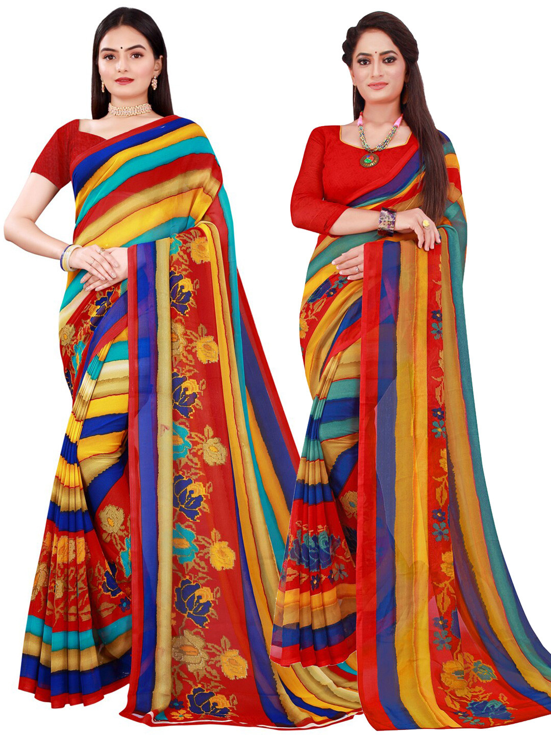 KALINI Red & Blue Striped Printed Pure Georgette Saree Pack Of 2