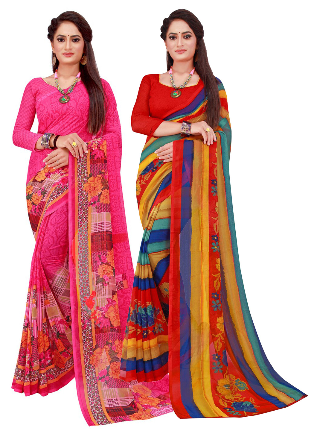 KALINI Red & Pink Striped Printed Pure Georgette Saree Pack Of 2