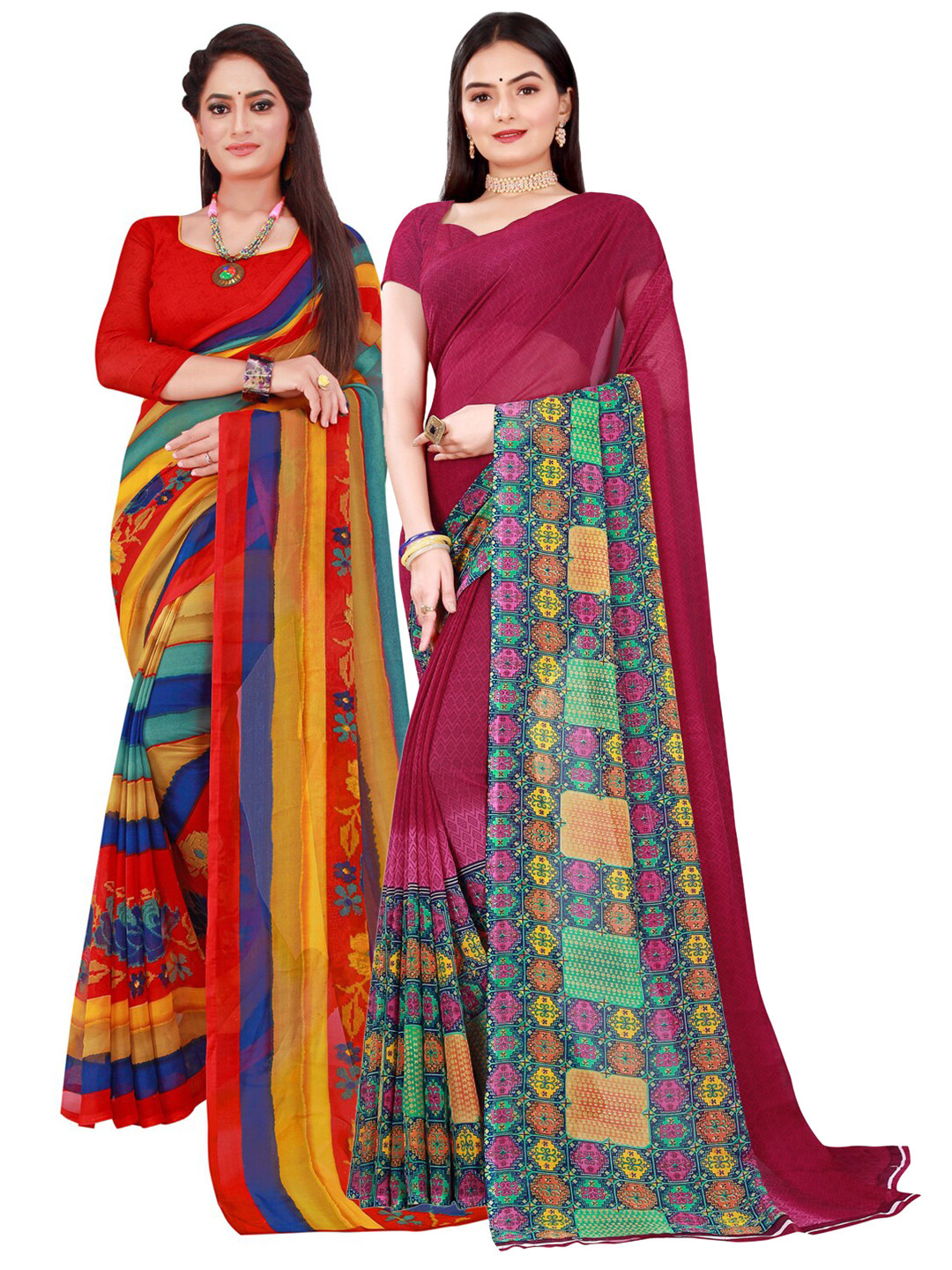 KALINI Red & Burgundy Striped Pure Georgette Saree