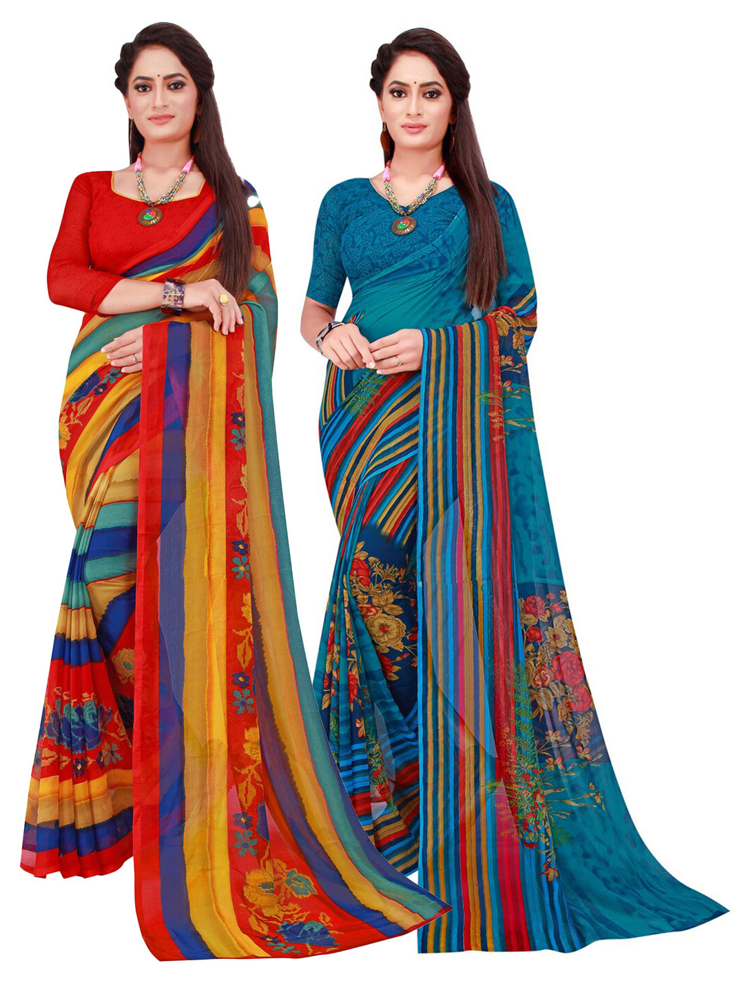 KALINI Red & Blue Striped Printed Pure Georgette Saree Pack Of 2