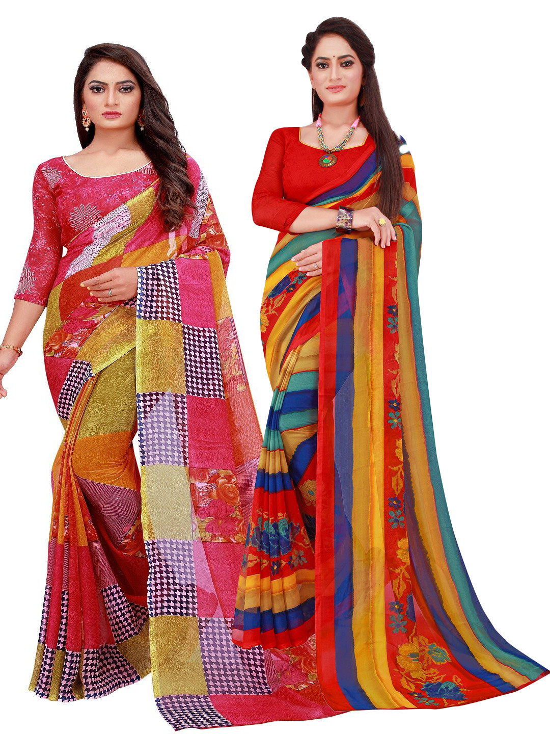 KALINI Red & Blue Striped Printed Pure Georgette Saree Pack Of 2