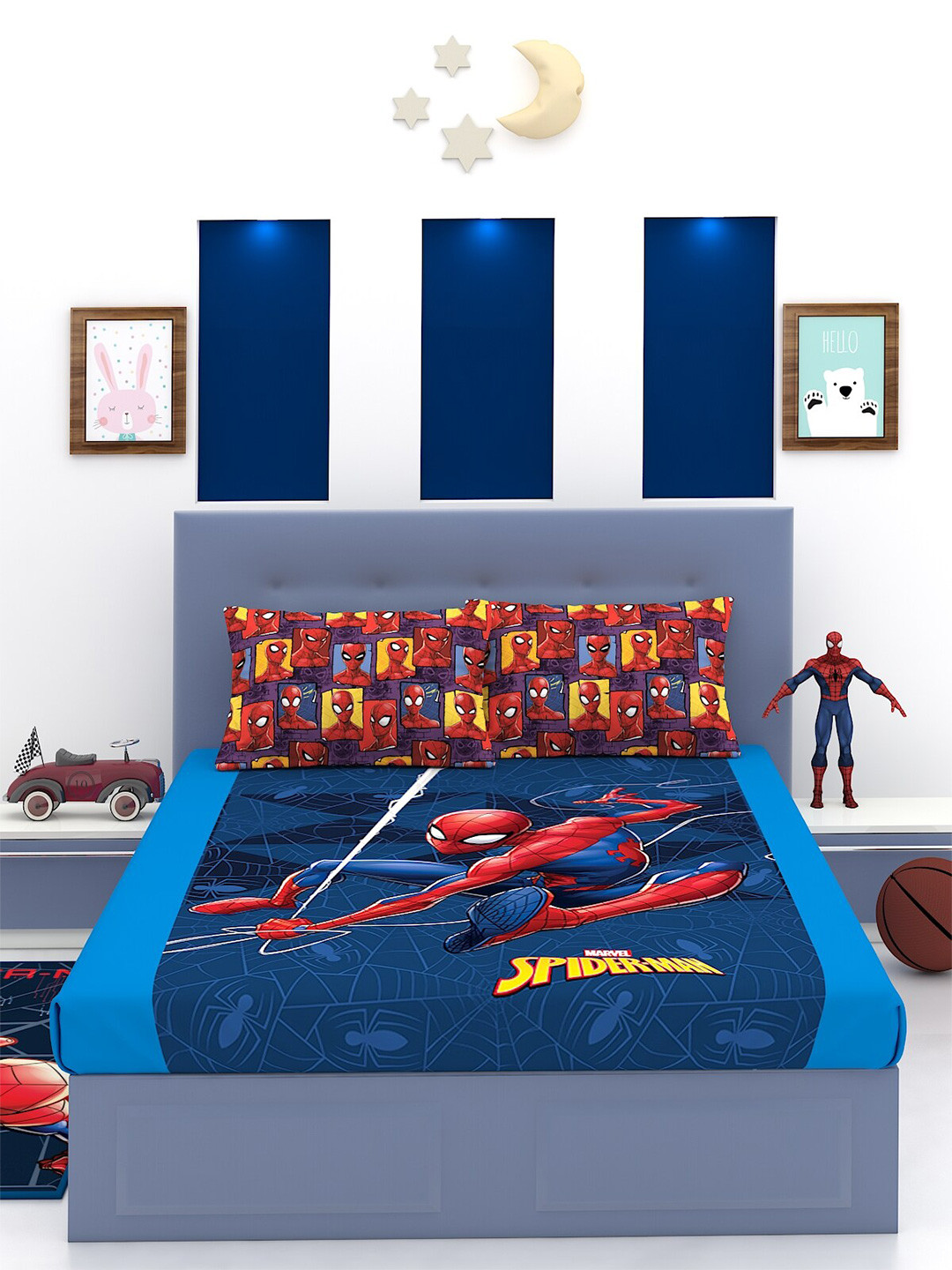Marvel Athom Living Marvel Spiderman Blue Cartoon Characters Cotton 180 TC King Fine Bedsheet with 2 Pillow Covers-106 x 106 inches