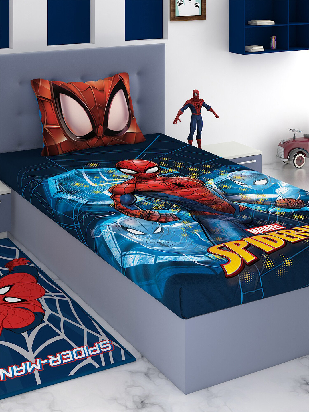 Marvel Blue & Red Spiderman 180 TC Cotton Single Bedsheet with 1 Pillow Cover