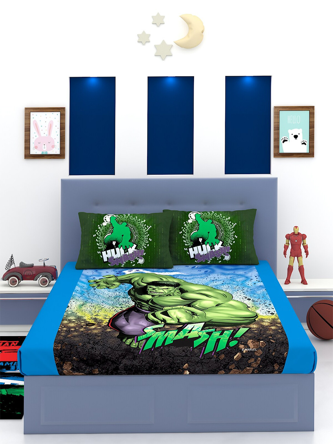 Marvel Avengers Hulk Smash Blue Cartoon Characters Cotton 180 TC King Fine Bedsheet with 2 Pillow Covers-270 x 270 cm