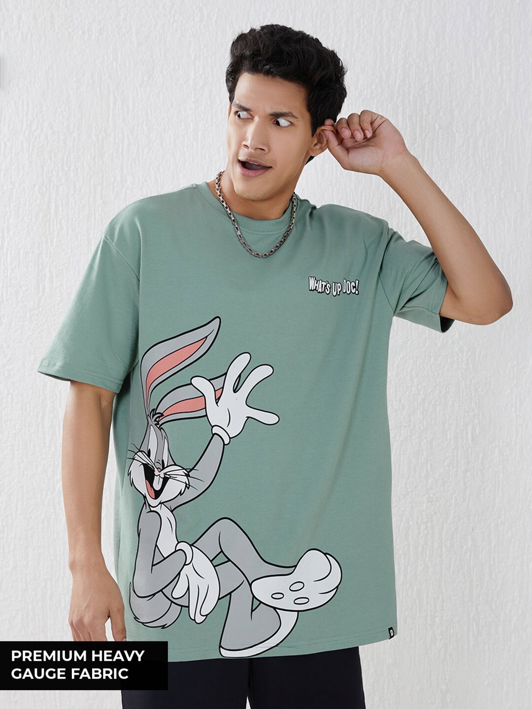 The Souled Store Men Green Looney Tunes What s Up Doc Placement Print Oversized T Shirt