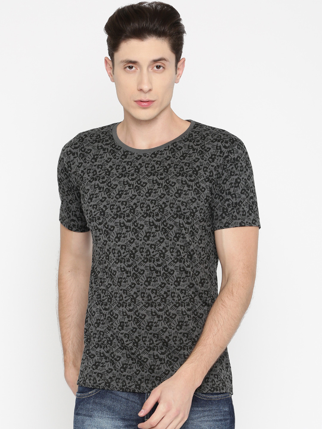Flying Machine Men Charcoal Grey Printed Round Neck T-Shirt