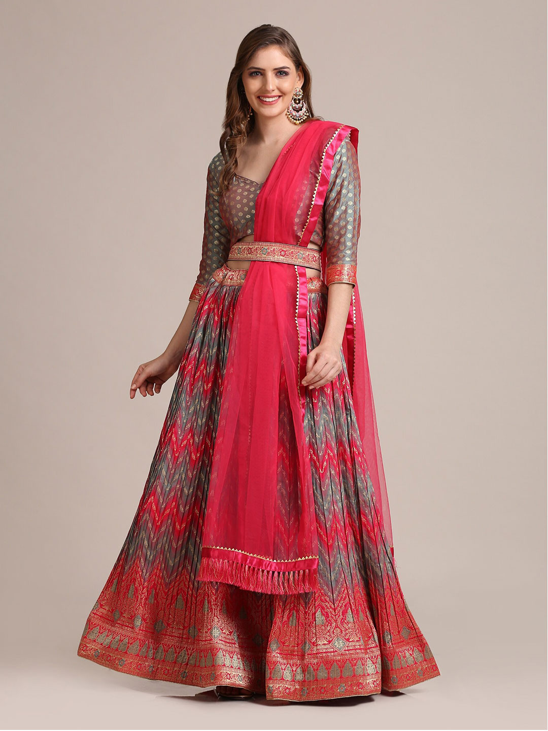 Warthy Ent Orange & Grey Semi-Stitched Lehenga & Unstitched Blouse With Dupatta