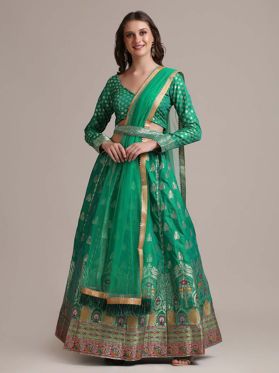 Warthy Ent Green & Gold Semi-Stitched Lehenga & Unstitched Blouse With Dupatta