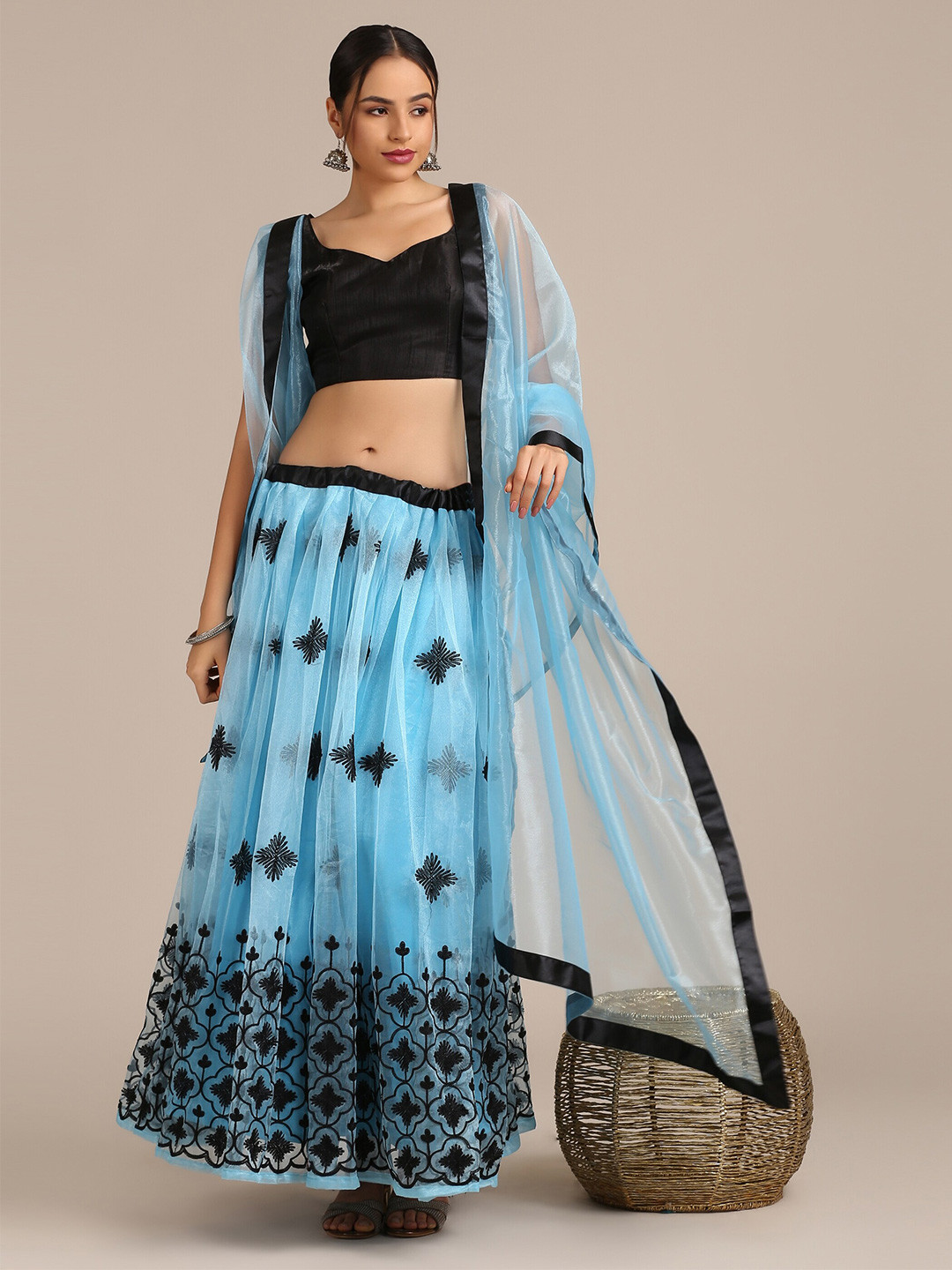Warthy Ent Blue & Black Thread Work Semi-Stitched Lehenga & Unstitched Blouse With Dupatta