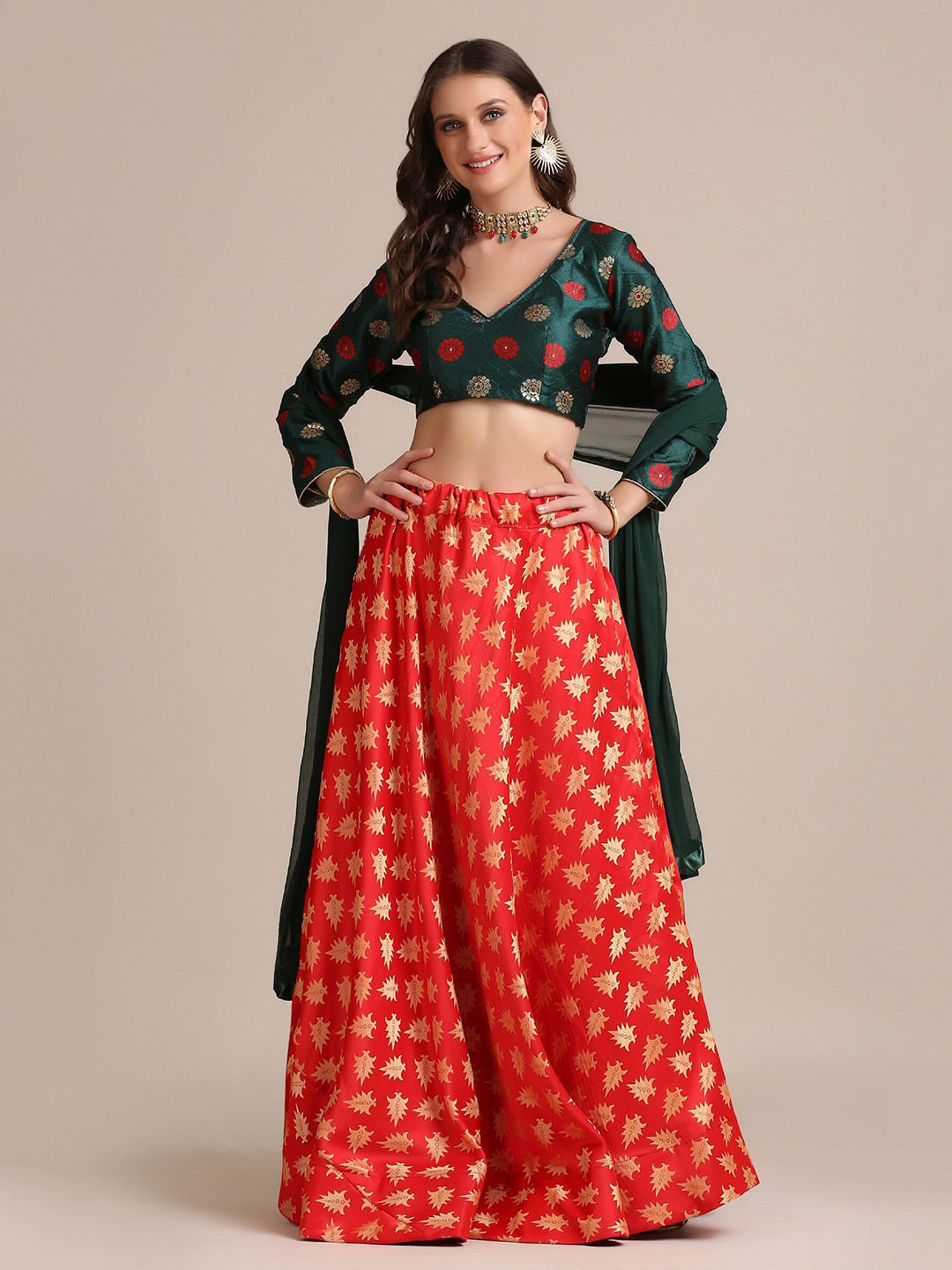Warthy Ent Green & Orange Semi-Stitched Lehenga & Unstitched Blouse With Dupatta
