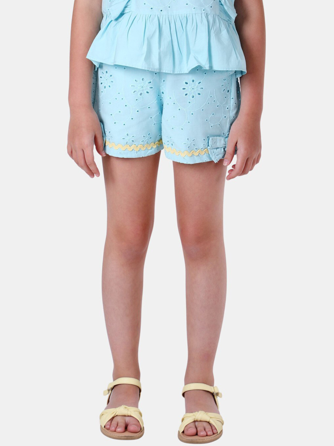 One Friday Girls Blue Schiffli Embellished Cotton Shorts