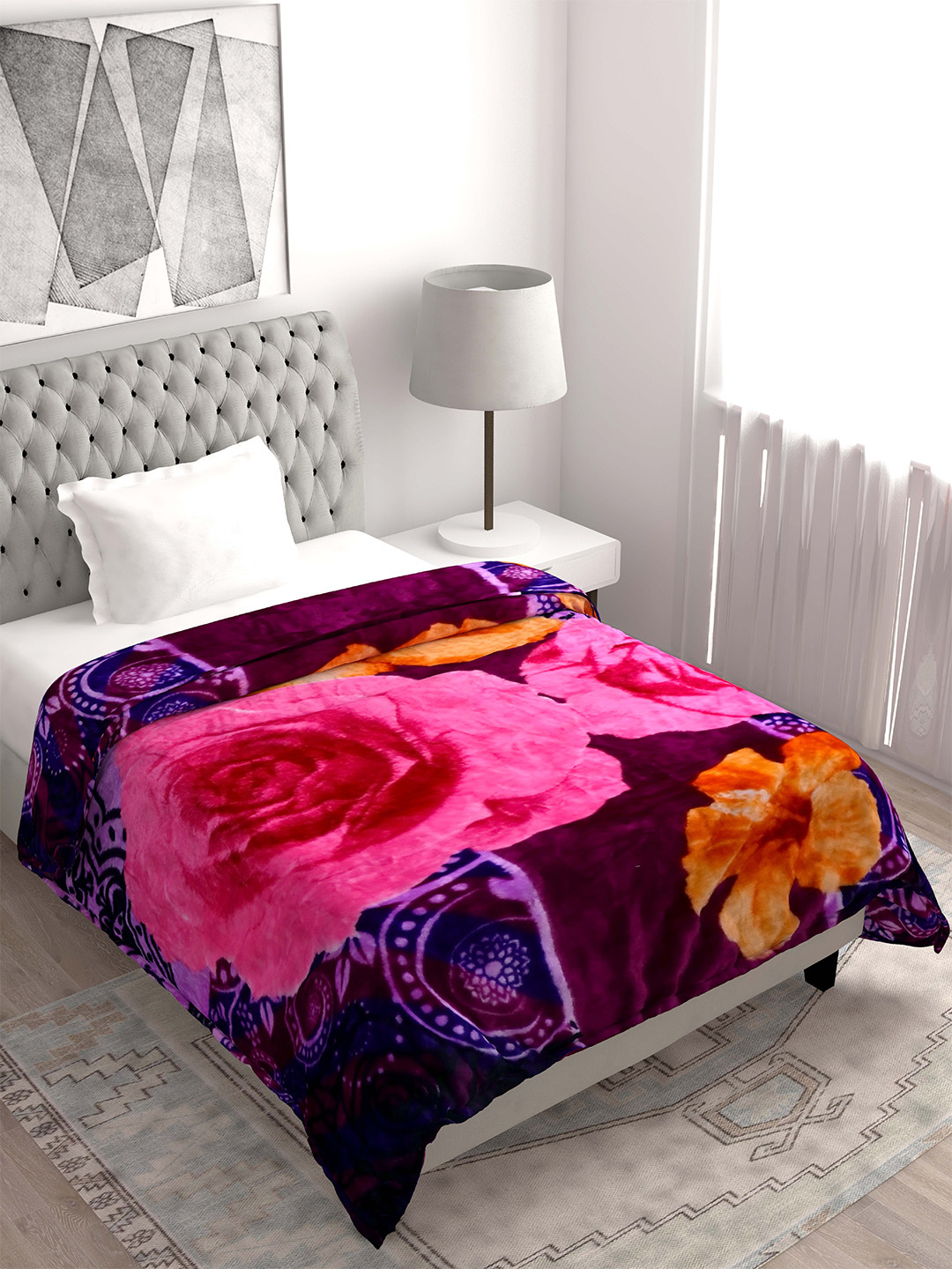 Spangle Lavender & Pink Floral Microfiber Heavy Winter 450 GSM Single Bed Blanket