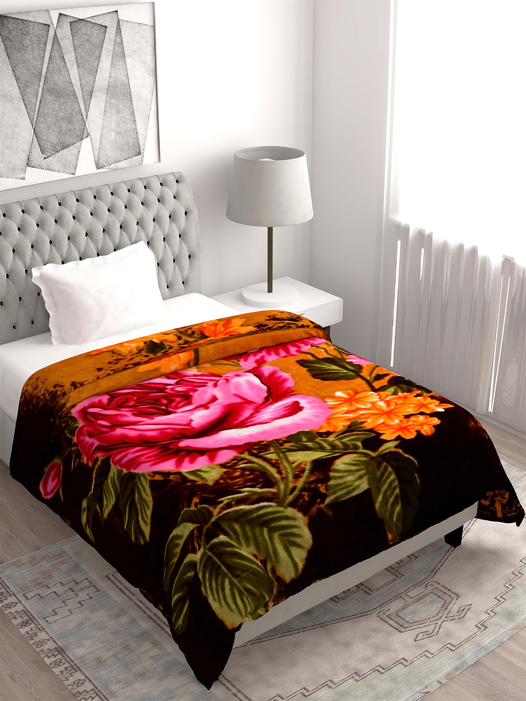 Spangle Coffee Brown & Magenta Floral Microfiber Heavy Winter 450 GSM Single Bed Blanket