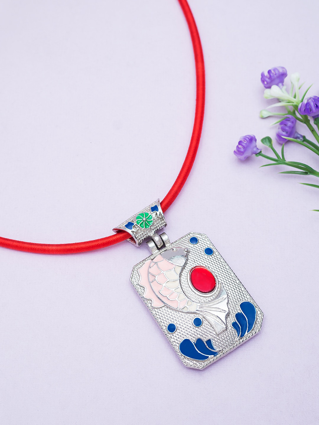 Golden Peacock Silver-Toned & Pink Embossed Fish Shape Rectangular Pendant with Chain