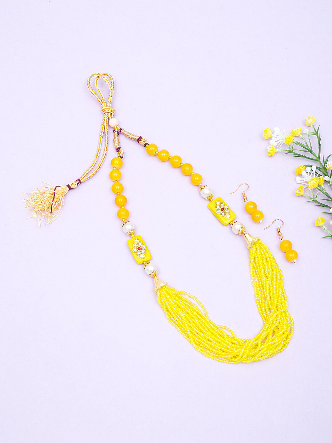 Golden Peacock Gold-Toned & Yellow Beads Beaded Multistrand Jewellery Set
