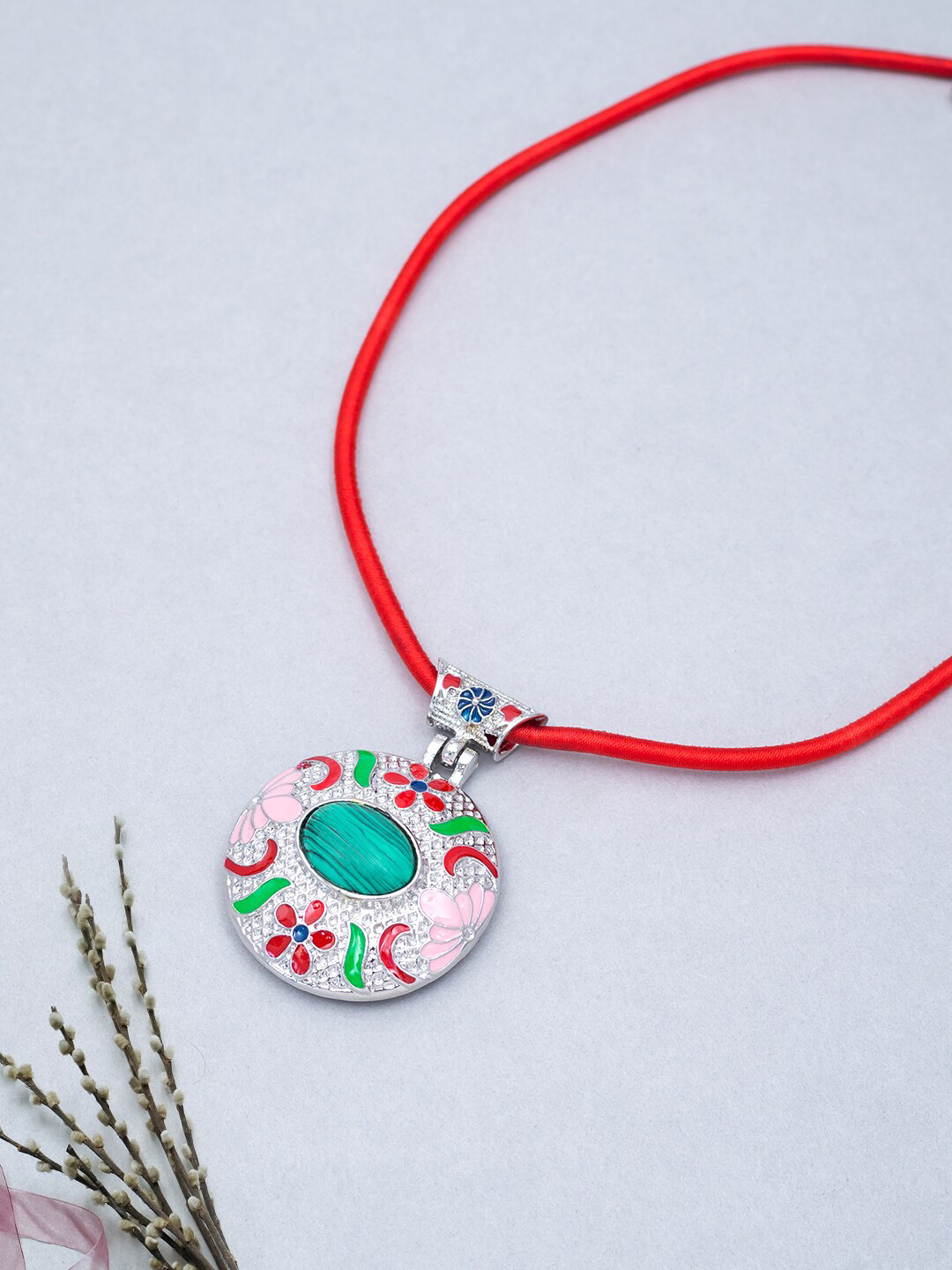 Golden Peacock Silver-Toned & Green Stone-Studded Circular Pendant with Nylon Cord