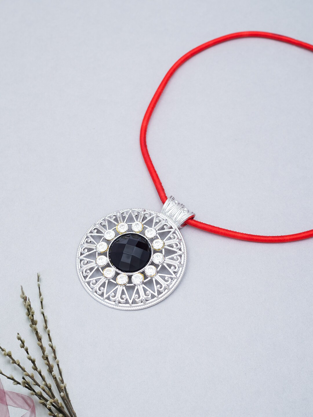 Golden Peacock Silver-Toned & Black Stone-Studded Circular Pendant with Nylon Cord