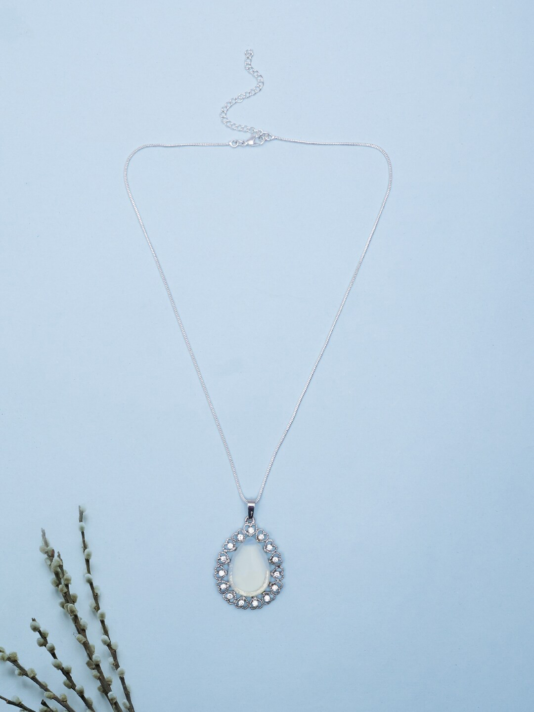 Golden Peacock Silver-Toned Opalite & Stone-Studded Teardrop Shaped Pendant with Chain