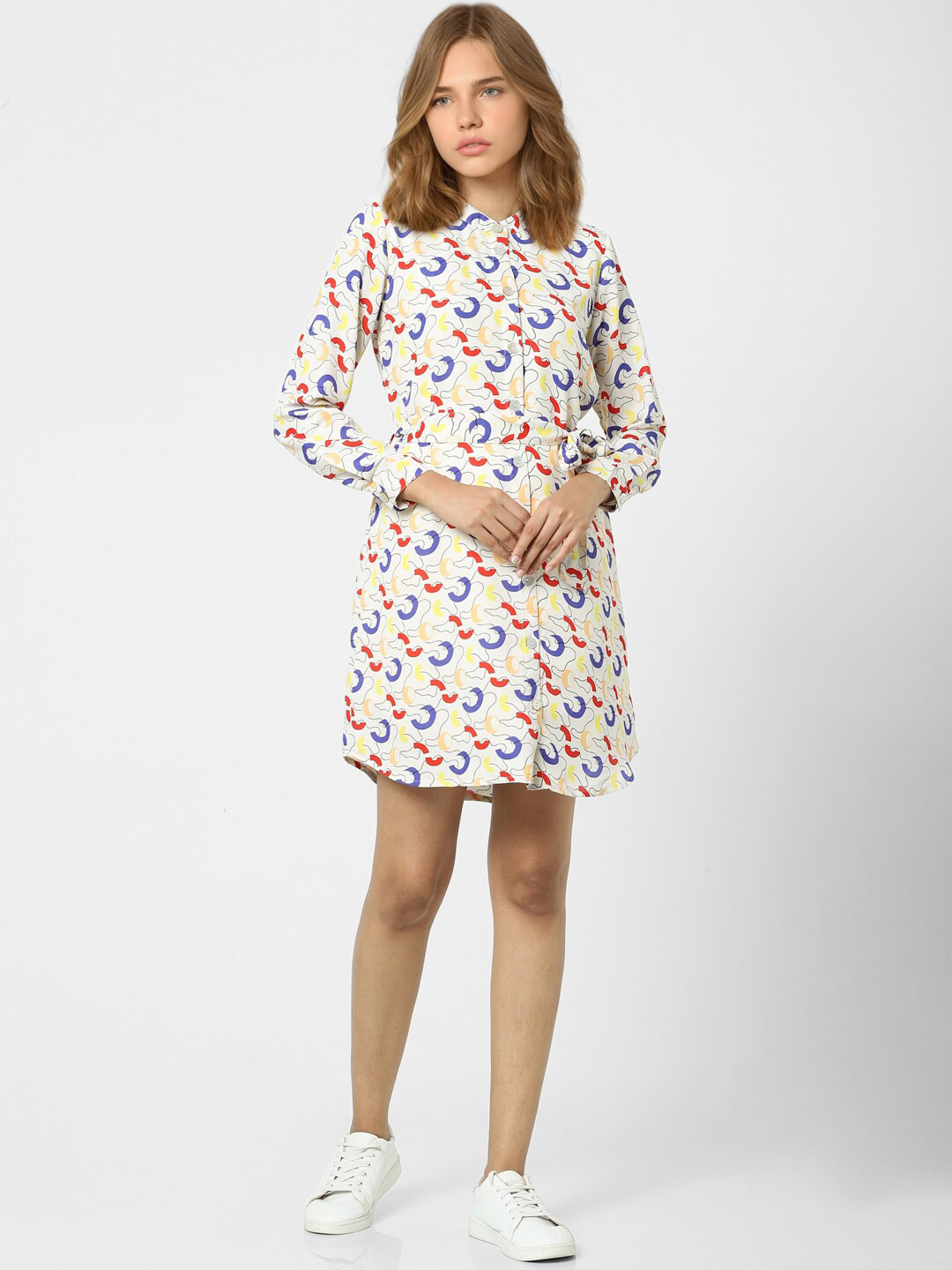 ONLY Women Beige & Blue Printed Shirt Dress