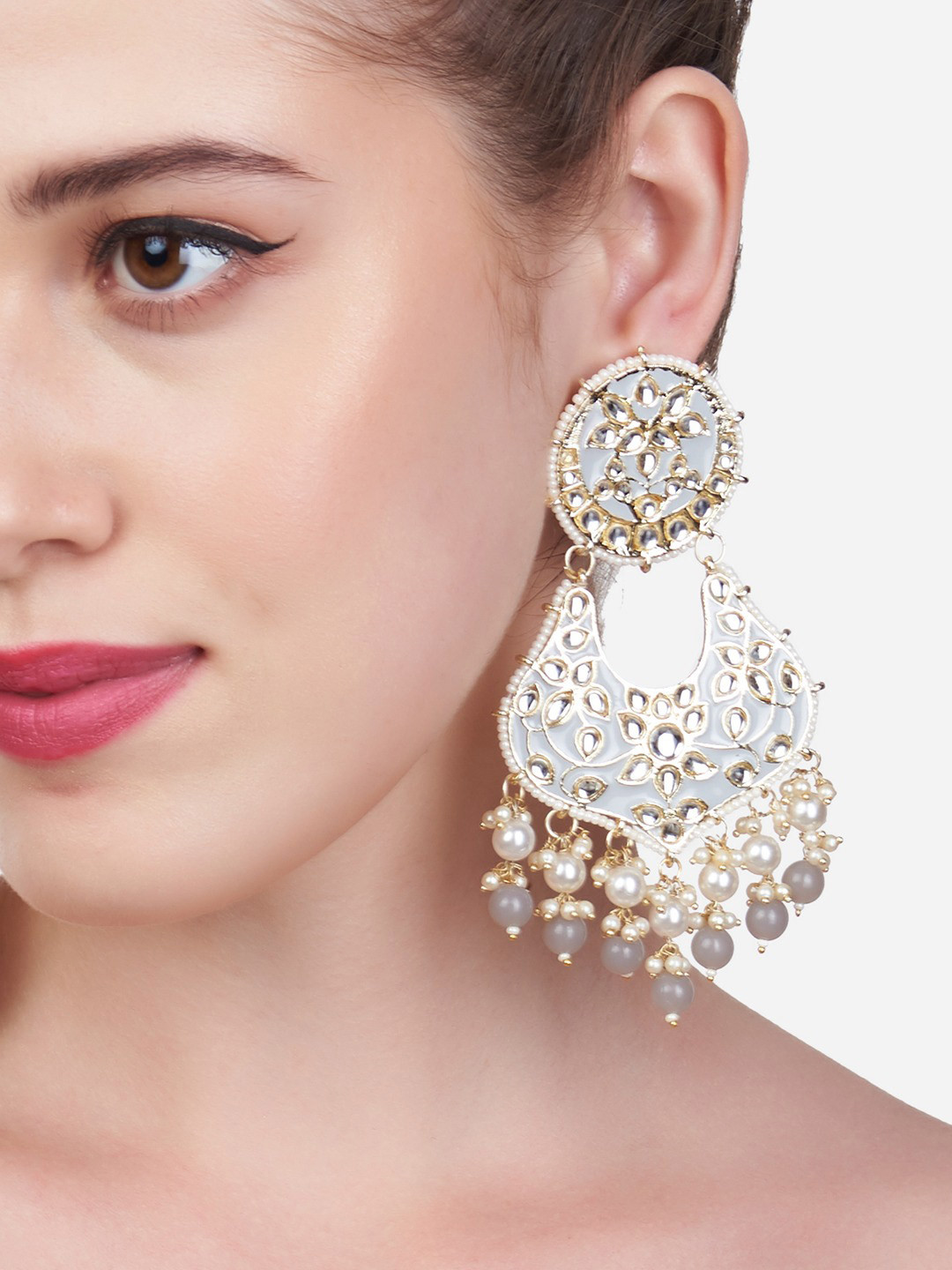 Zaveri Pearls Grey & Green Meenakari Jhumkas