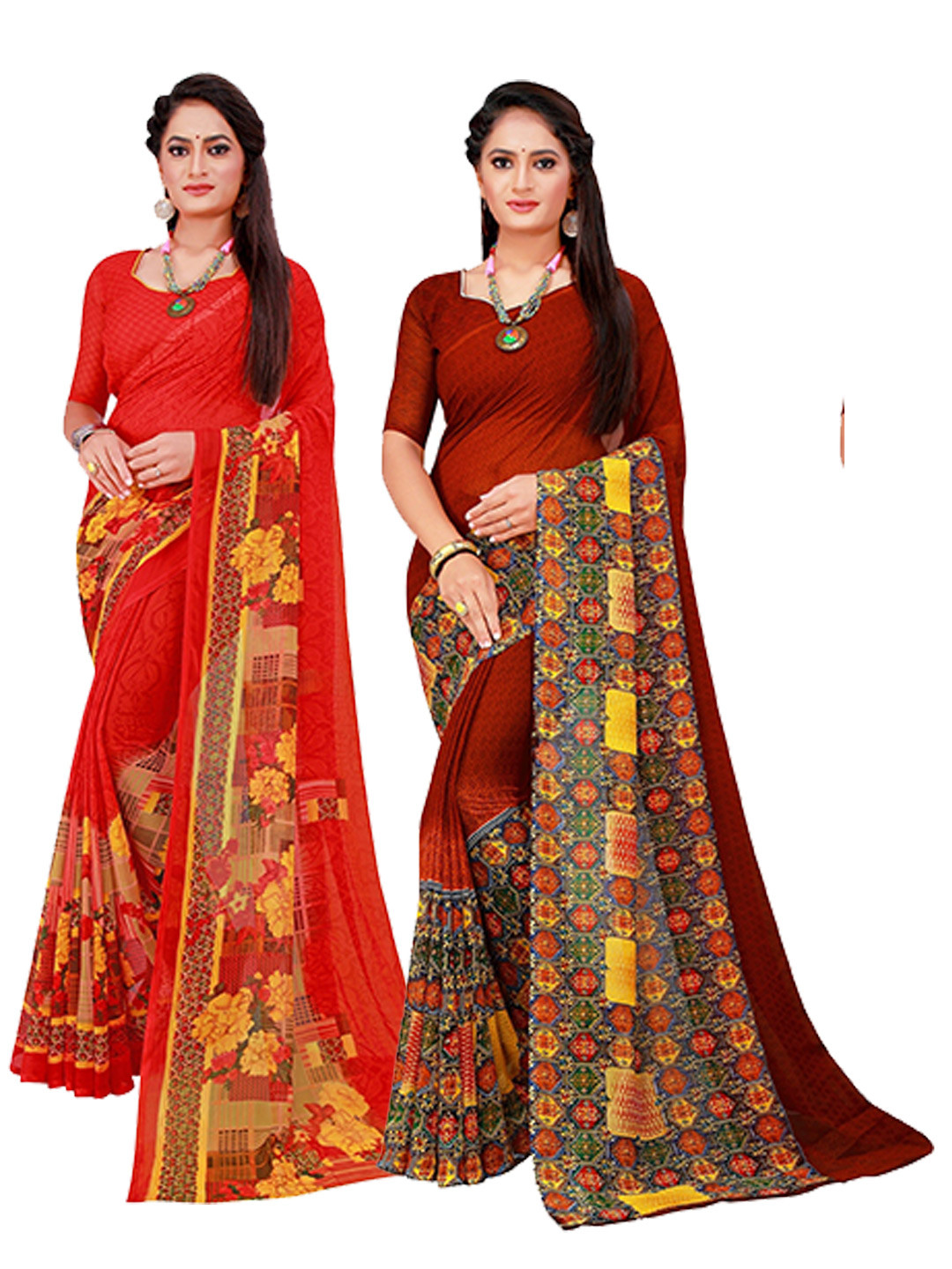 SAADHVI Red & Maroon Set Of 2 Pure Georgette Saree