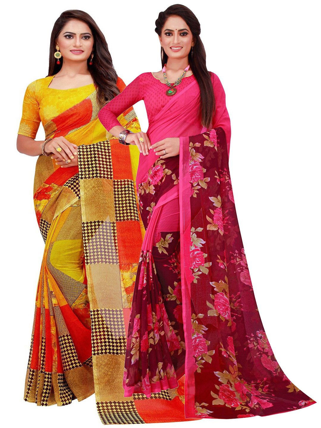 SAADHVI Magenta & Orange Printed Pure Georgette Saree Pack Of 2
