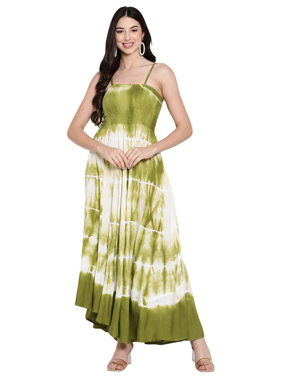 Aawari Green & White Tie and Dye Dyed Holi Maxi Dress