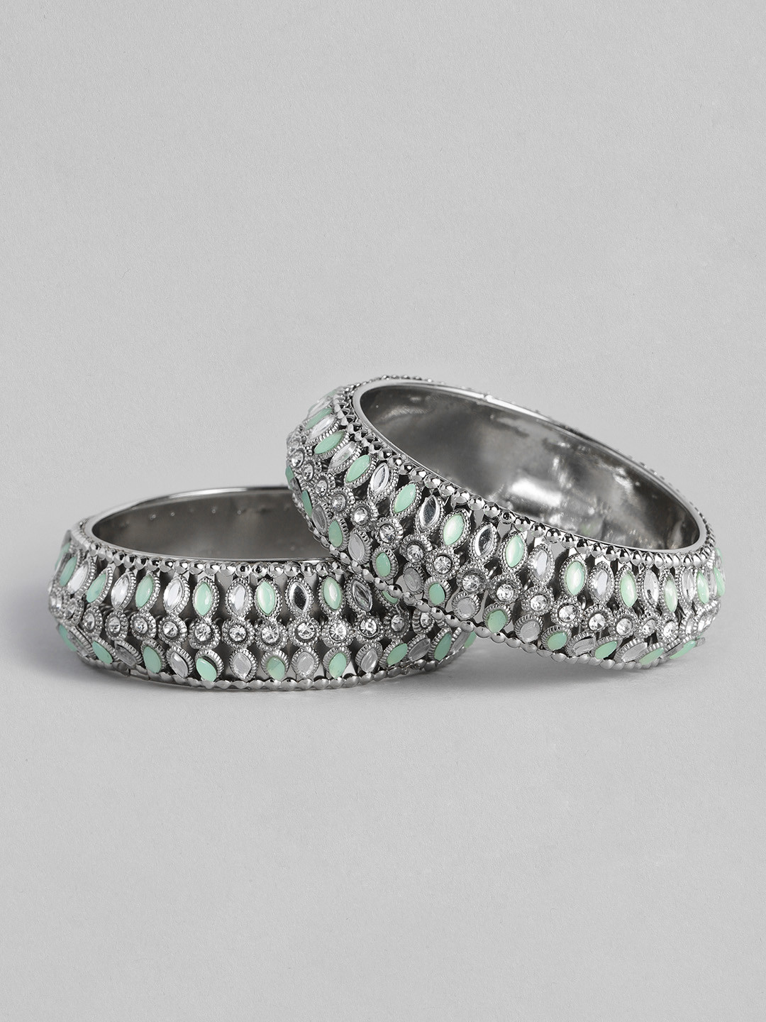 I Jewels Women Set of 2 Silver-Toned & Mint Green Stone Studded & Beaded Bangles