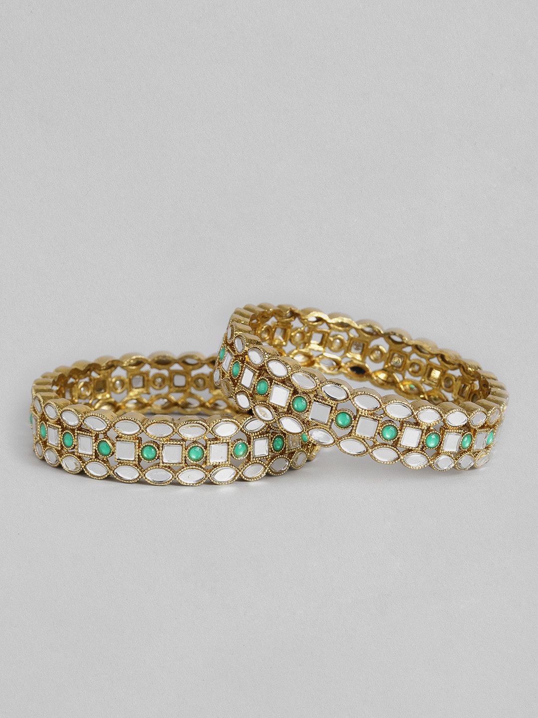 I Jewels Set of 2 Gold-Plated Green Stone Bangle