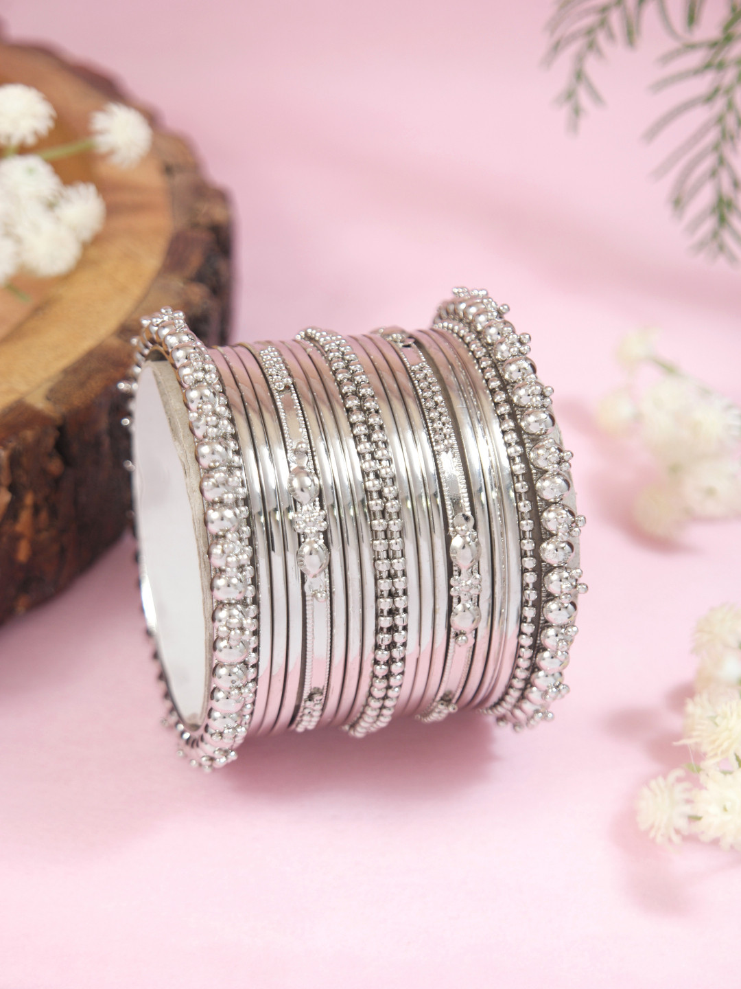 I Jewels Set of 32 Silver-Plated Textured Bangles
