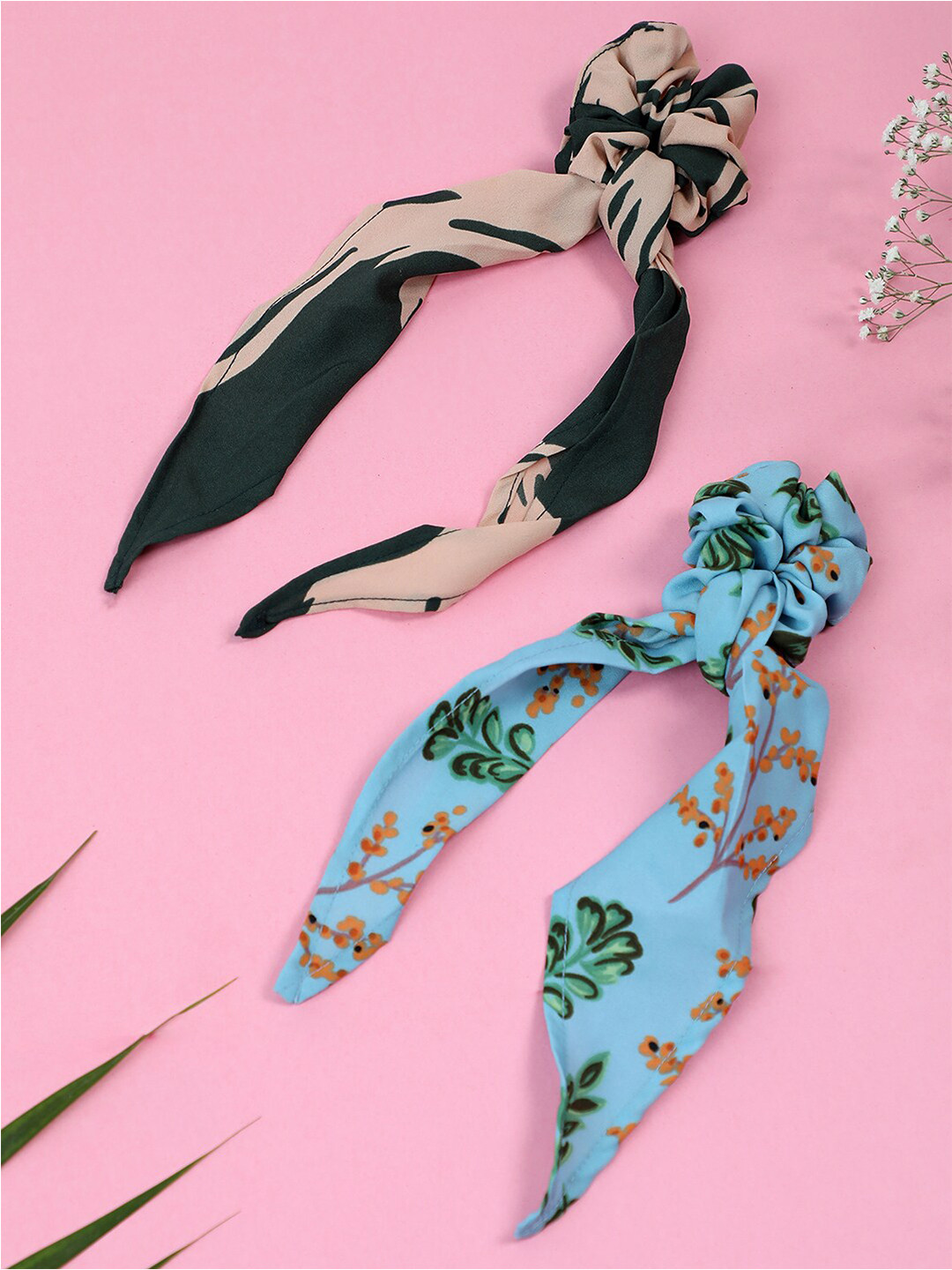 SOHI Set Of 2 Pack Floral Scarf Multicoloured Printed Scrunchies With Knot Jewellery