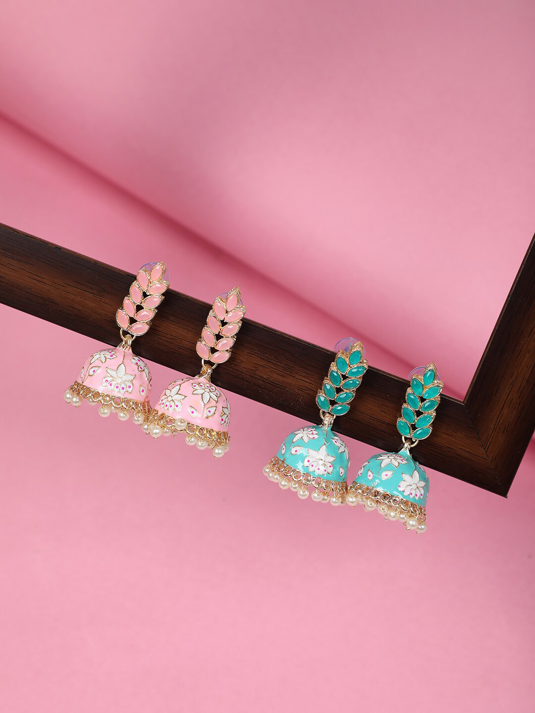SOHI Pink & Blue Contemporary Jhumkas Earrings