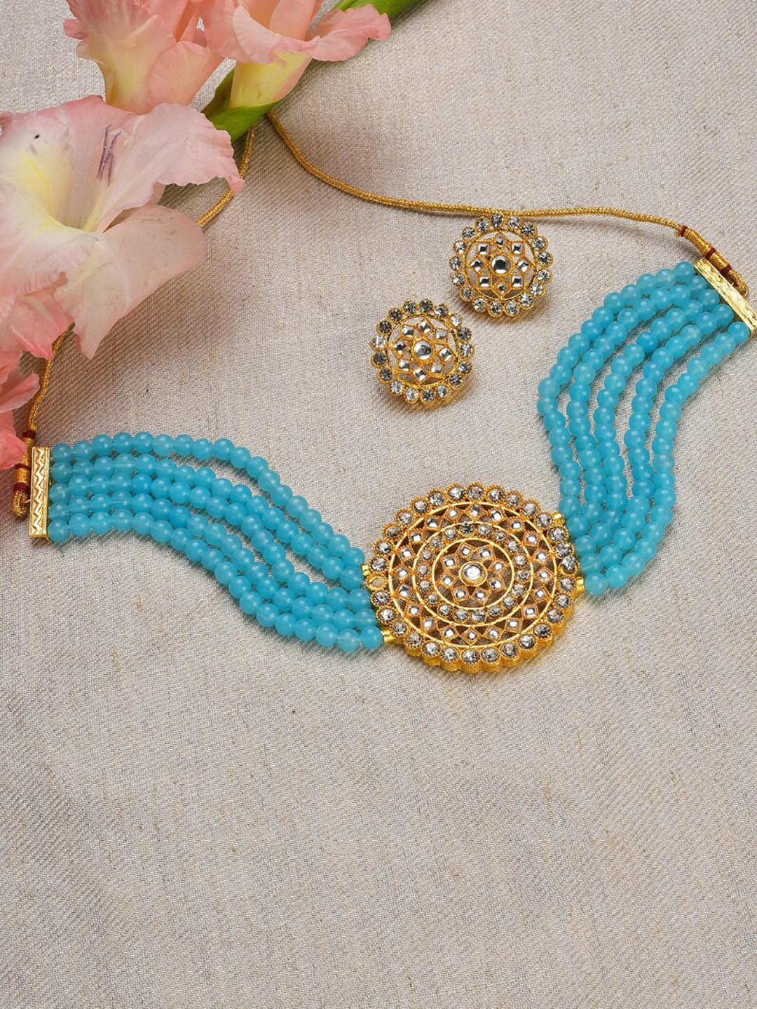 SOHI Gold-Plated Necklace Turquoise Blue Stone Studded Beaded Jewellery Set