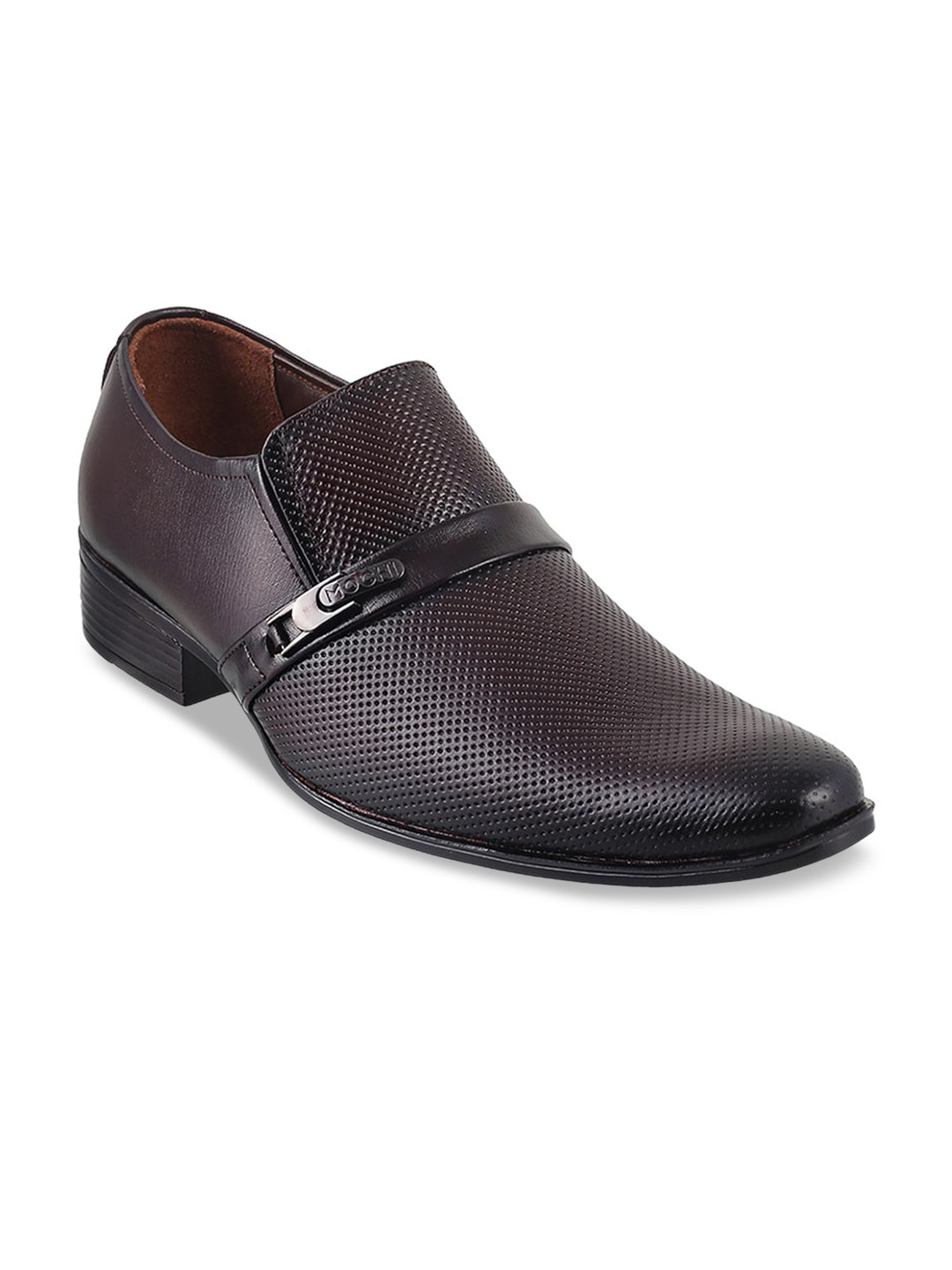 Mochi Men Maroon Textured Leather Formal Slip-Ons