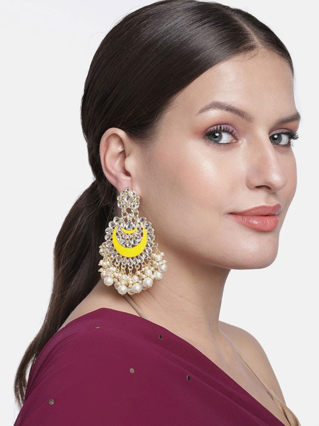 I Jewels Yellow & White Gold Plated Kundan & Stone Studded Chandbali