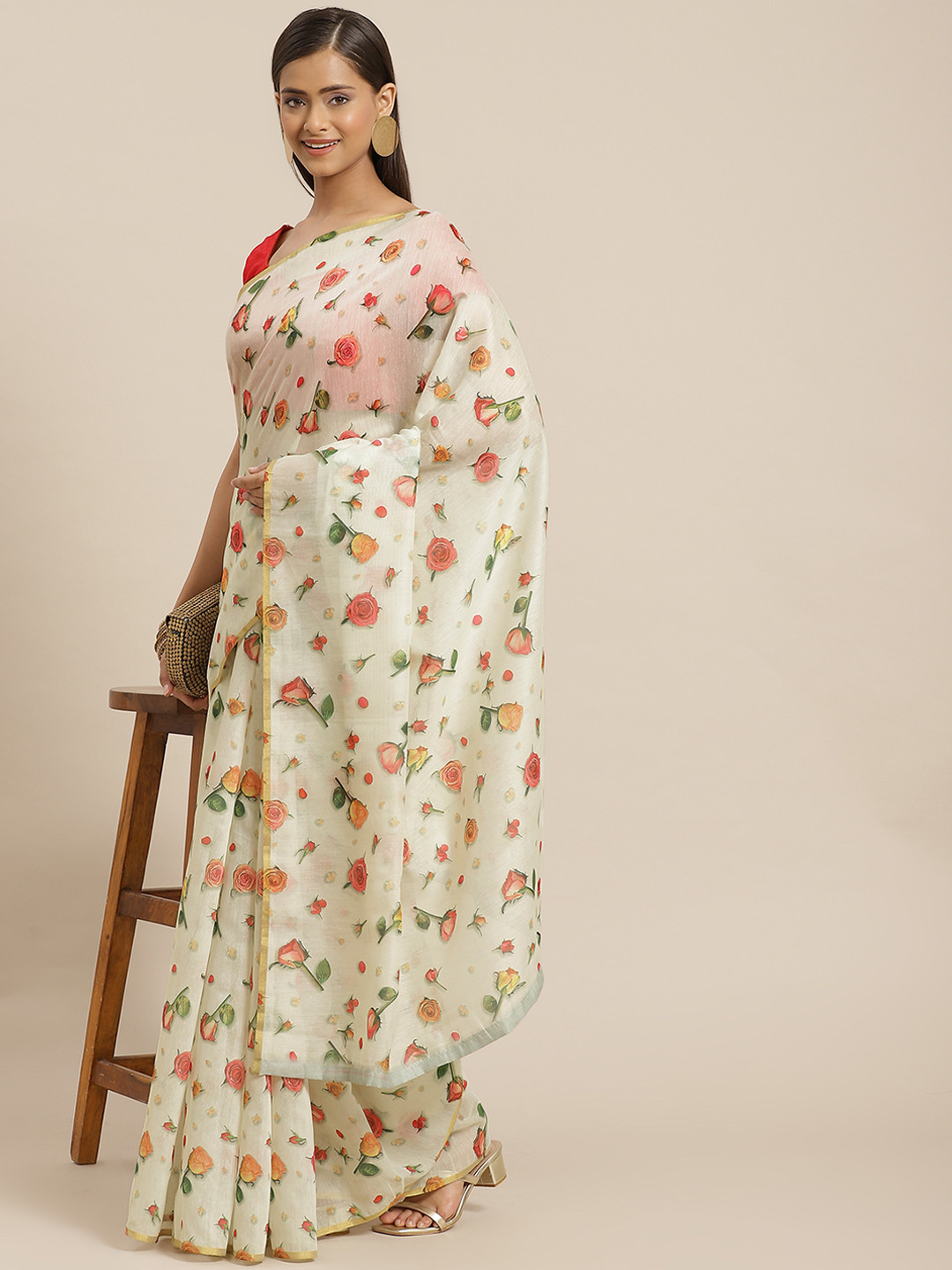 Silk Land Off White & Pink Floral Zari Organza Fusion Saree