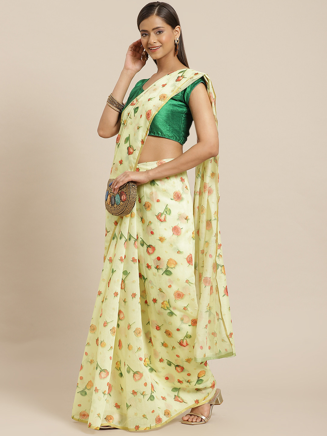 Silk Land Yellow & Pink Floral Zari Organza Chanderi Saree